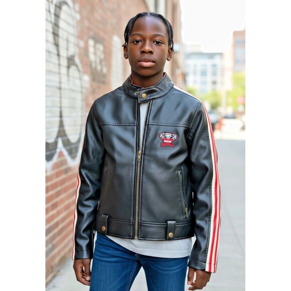 Y2K Mattel Hotwheels Childs Jacket Size 7 Synthetic Leather Black Lined - Picture 1 of 8